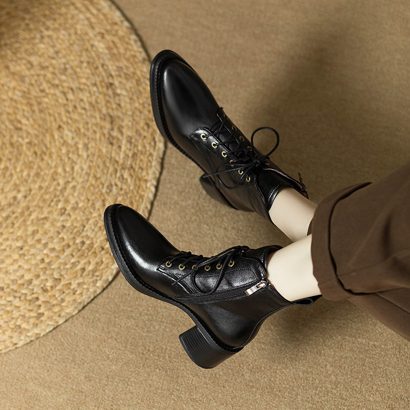 2025秋冬复古英伦真皮及踝靴法式尖头粗跟切尔西短靴女系带马丁靴,淘宝优惠券,粉丝福利购,淘宝优惠卷