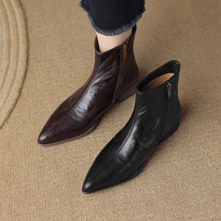 2025春秋英伦风真皮尖头法式短靴女平跟侧拉链瘦瘦靴显瘦马丁靴女,淘宝优惠券,粉丝福利购,淘宝优惠卷