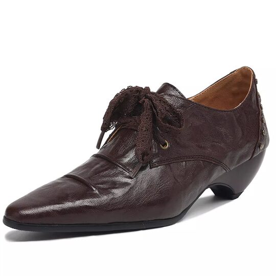 British genuine leather pointed toe lace-up thick heel loafers for women