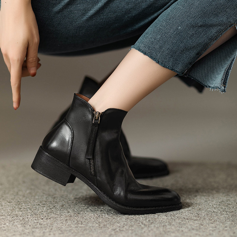 秋冬季圆头英伦风真皮切尔西短靴复古棕色马丁靴女平底低跟及踝靴,淘宝优惠券,粉丝福利购,淘宝优惠卷