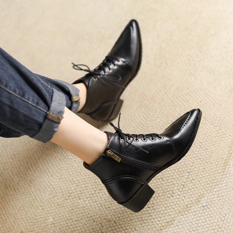 2025法式尖头短靴女新款系带复古真皮马丁靴秋冬及踝靴中跟小皮鞋,淘宝优惠券,粉丝福利购,淘宝优惠卷