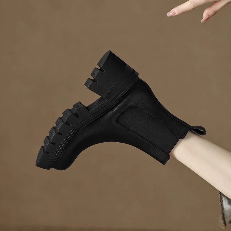 擦色皮厚底烟筒马丁靴女2024新款复古圆头切尔西真皮粗跟高跟短靴,淘宝优惠券,粉丝福利购,淘宝优惠卷