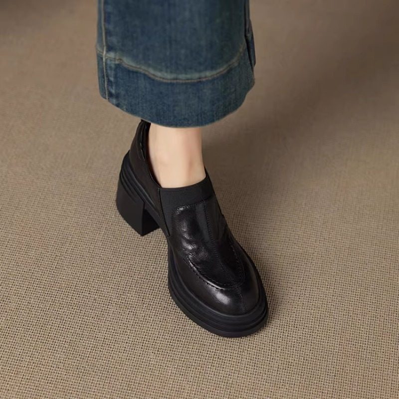 【羊皮版】7cm针织拼接厚底乐福鞋女小众粗跟小个子高跟深口单鞋,淘宝优惠券,粉丝福利购,淘宝优惠卷