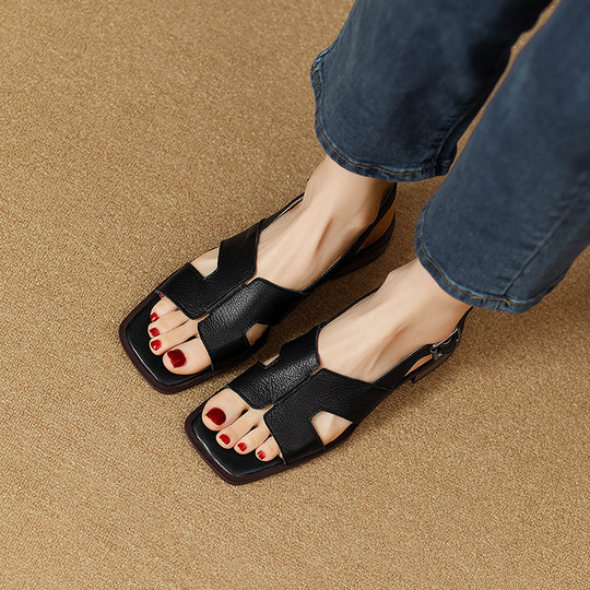 Women's genuine leather square toe open toe comfortable and simple sandals