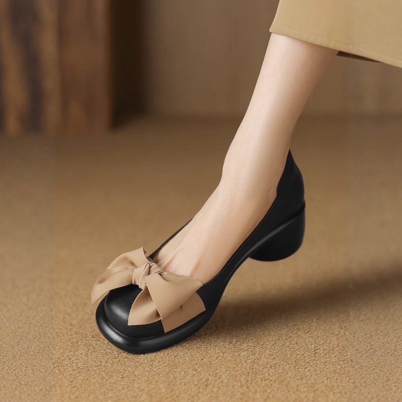 法式复古蝴蝶结玛丽珍鞋女真皮拼色方头粗跟通勤百搭一脚蹬乐福鞋,淘宝优惠券,粉丝福利购,淘宝优惠卷