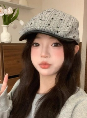 日系复古格纹贝雷帽女秋冬显脸小