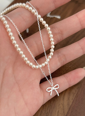 s925纯银蝴蝶结轻奢珍珠项链女双层叠戴锁骨链2024年夏季新款颈链