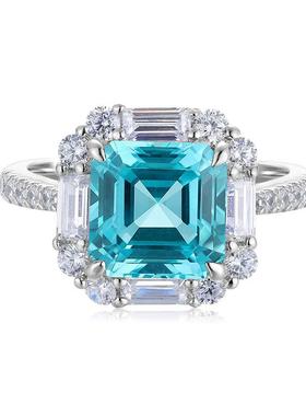 18K金镶嵌正方宝塔帕拉伊巴蓝宝石戒指S925银饰女款轻奢定制礼物