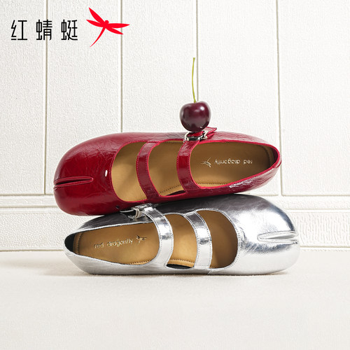 红蜻蜓黑色分趾鞋2026秋季女鞋真皮软底单鞋玛丽珍皮鞋猪蹄平底鞋 - 图2