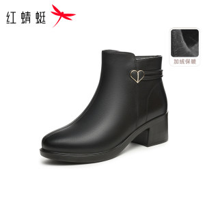 红蜻蜓妈妈鞋冬季女鞋短靴鞋子粗跟加绒皮鞋真皮软底中年女士靴子