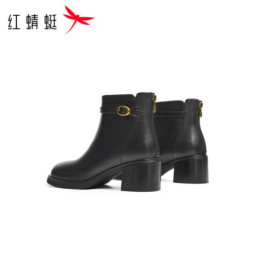 红蜻蜓妈妈鞋2025冬季新款女鞋粗跟羊皮靴子洋气中年女士高跟皮鞋 - 图2