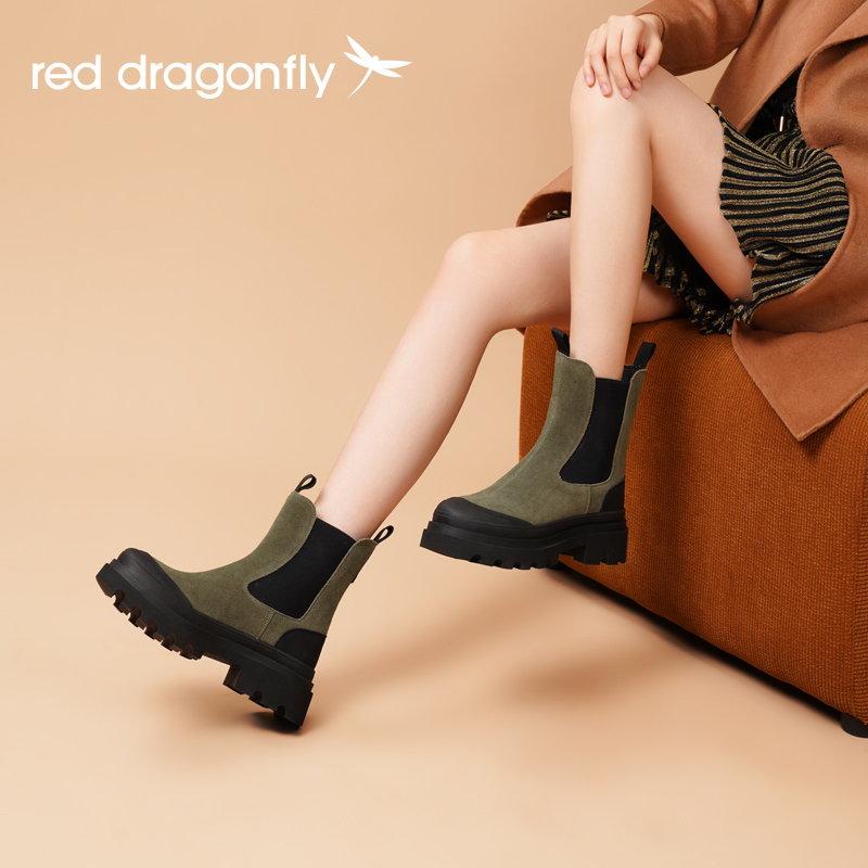 红蜻蜓烟筒靴秋季新款ins复古绿色切尔西靴女款粗跟单靴增高靴子