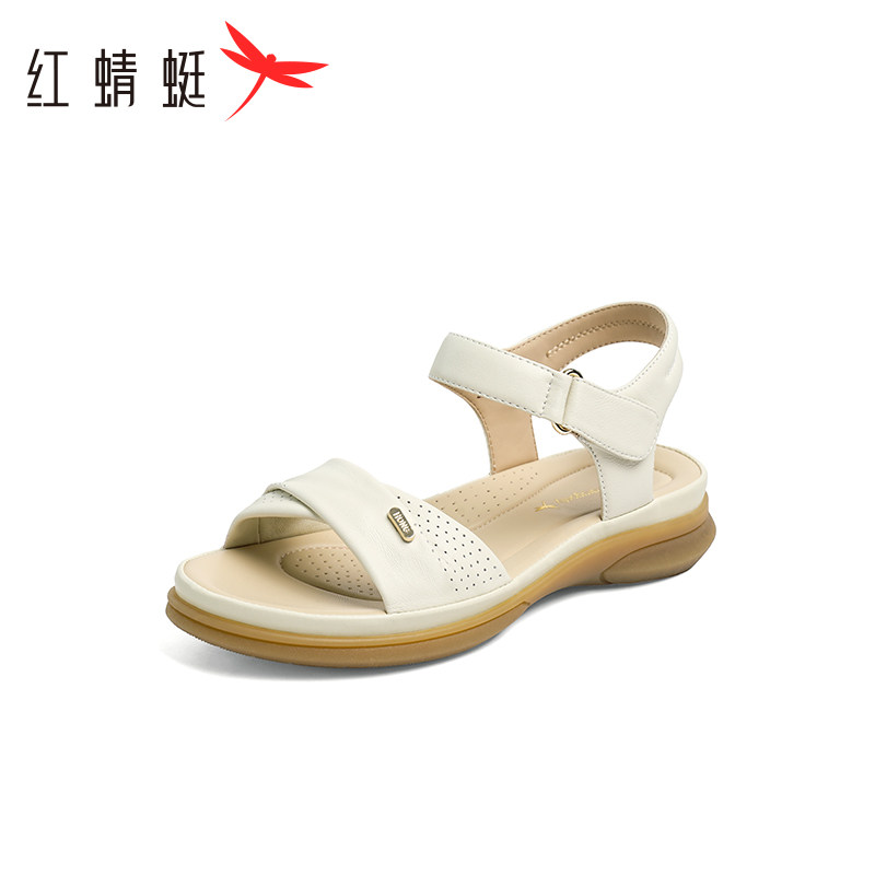 【品牌清仓特惠】红蜻蜓妈妈凉鞋平底女鞋镂空打孔透气皮鞋女凉鞋
