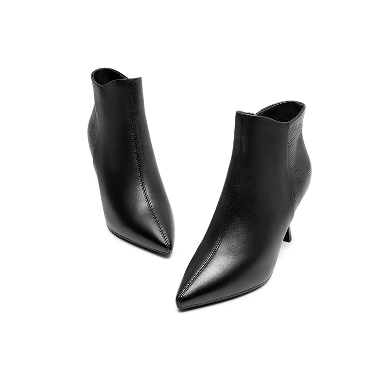 红蜻蜓高跟短靴女皮鞋冬季新款女鞋靴子尖头羊皮靴子法式气质女靴 - 图1