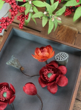 新中式手工饰品绒花复古红色莲花荷花发簪新娘配饰发夹发钗古风