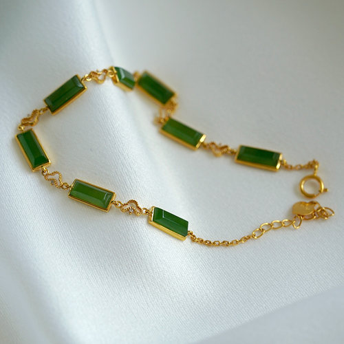 缘物珠宝 碧玉手链女设计款方款手链和田玉18K金镶玉手链手镯手串 - 图0