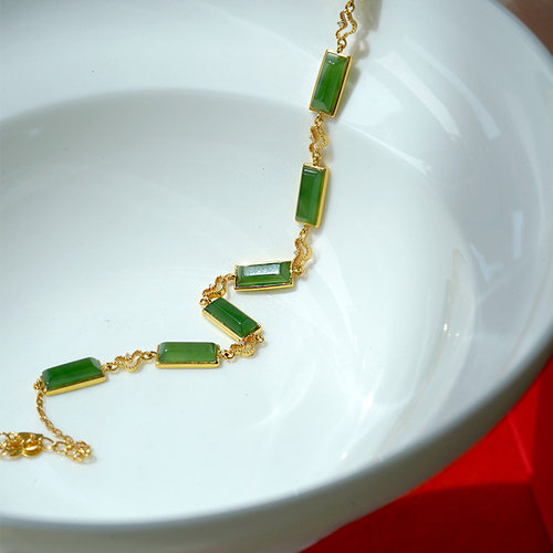 缘物珠宝 碧玉手链女设计款方款手链和田玉18K金镶玉手链手镯手串 - 图2