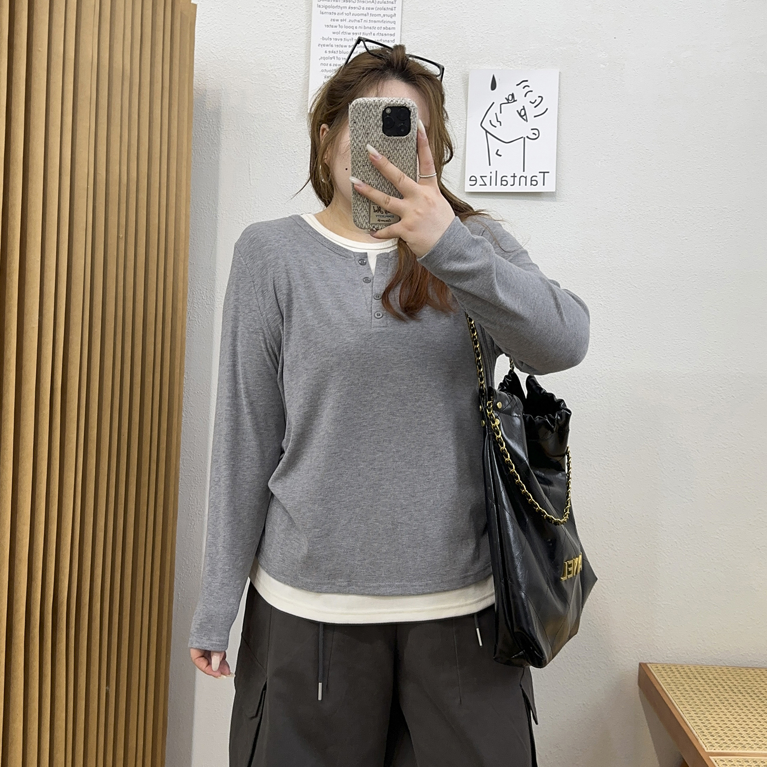 宛宛大码休闲复古长袖针织t恤女假两件正肩体恤胖MM遮肉显瘦上衣 - 图0