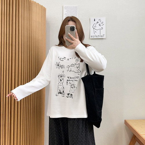 宛宛大码女装印花长袖T恤女秋季2026新款胖MM显瘦内搭打底衫上衣 - 图2