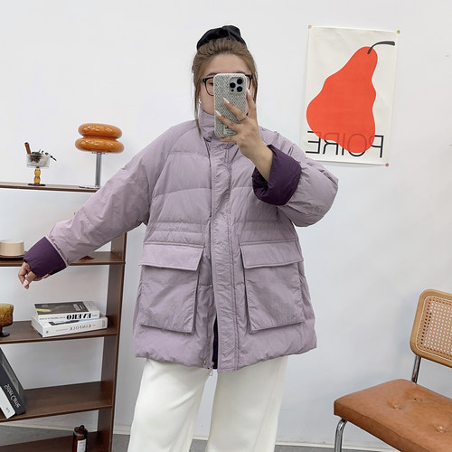 大码白鸭绒羽绒服拼色中长款200斤胖MM2024秋冬新款宽松休闲外套 - 图2