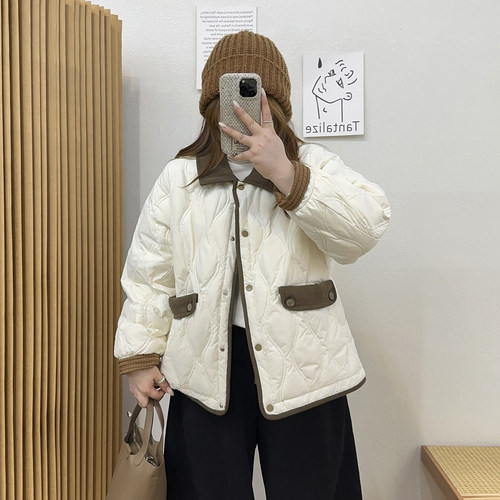 宛宛大码女装微胖mm90白鸭绒翻领夹克外套菱格宽松显瘦保暖羽绒服 - 图0