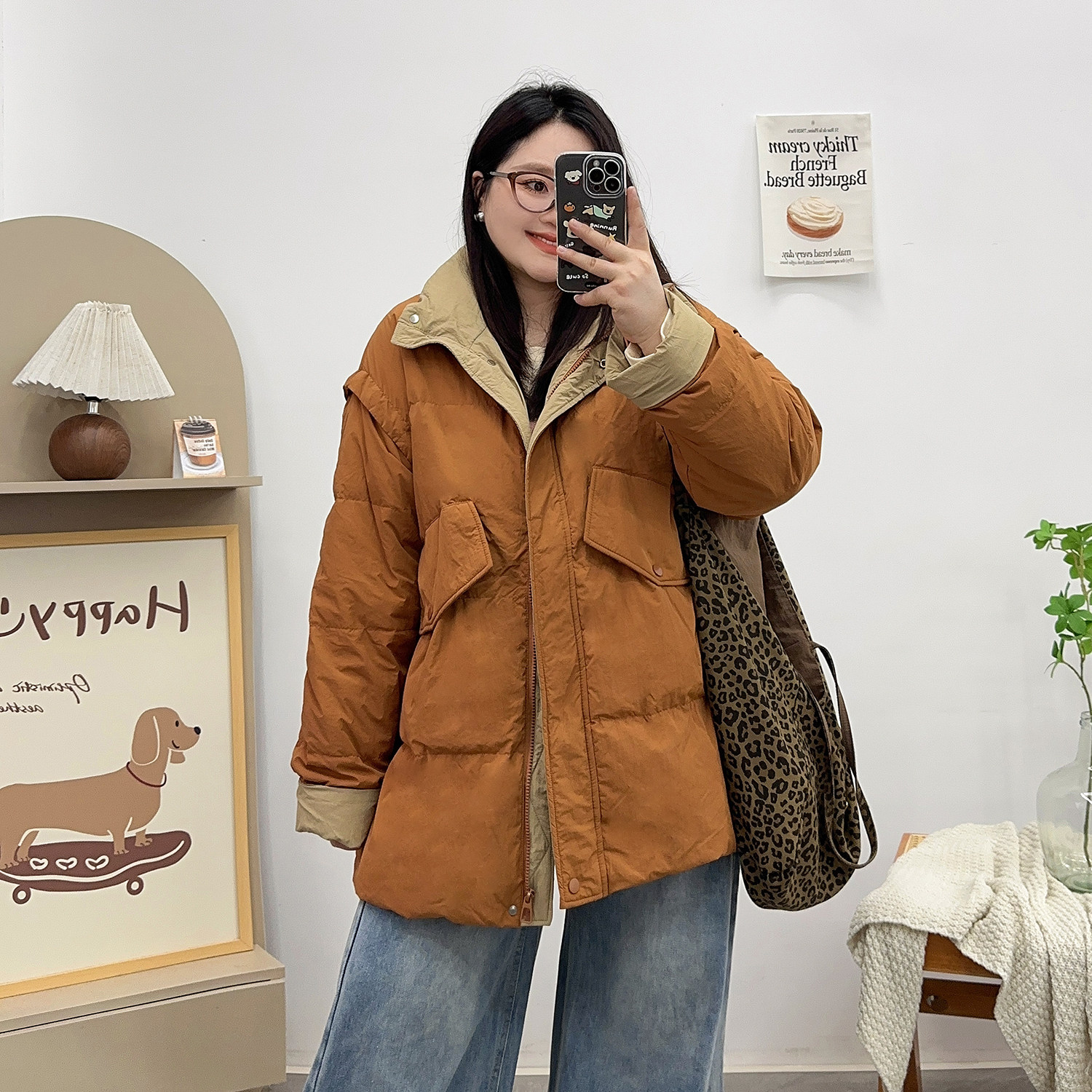 宛宛大码羽绒服拼色中长款200斤胖mm时尚2024冬新款宽松休闲外套