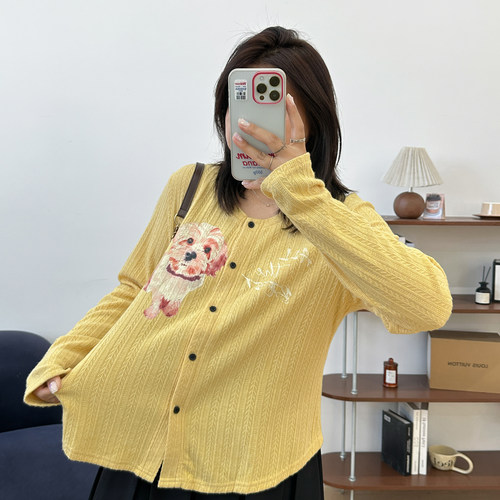 宛宛大码慵懒风印花开衫上衣女装秋季胖mm显瘦长袖T恤薄款上衣潮 - 图2