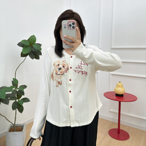 宛宛大码慵懒风印花开衫上衣女装秋季胖mm显瘦长袖T恤薄款上衣潮 - 图1