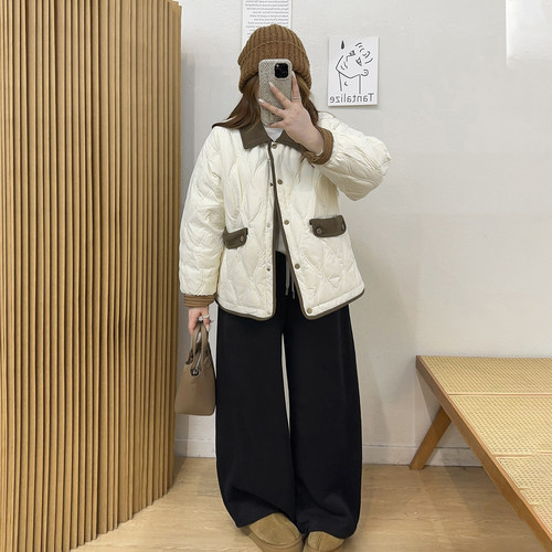 宛宛大码女装微胖mm90白鸭绒翻领夹克外套菱格宽松显瘦保暖羽绒服 - 图2