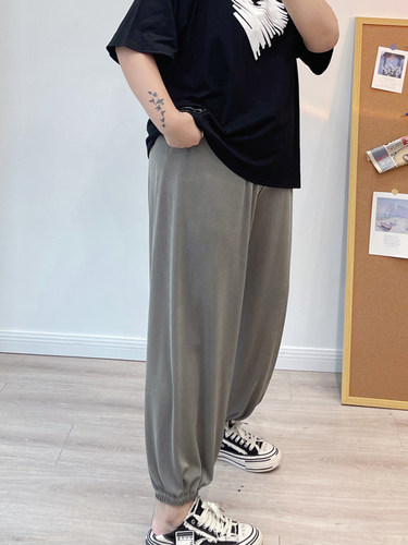 夏季女薄款大码哈伦裤胖mm200斤加肥九分宽松束口冰丝休闲灯笼裤 - 图1