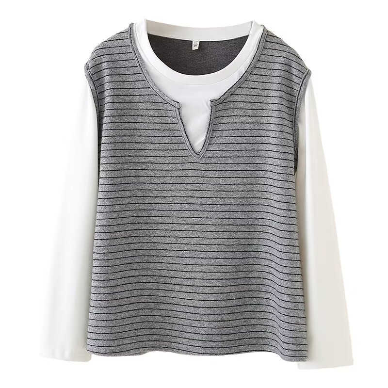 宛宛大码女装拼接条纹假两件长袖打底衫秋冬季胖mm上衣宽松遮肚子 - 图3