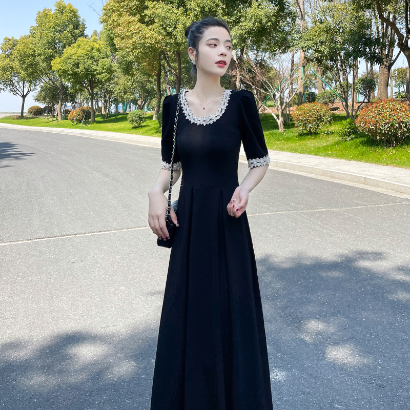 夏季蕾丝边短袖长款连衣裙女2024年新款高级感显瘦长裙黑色裙子-图2