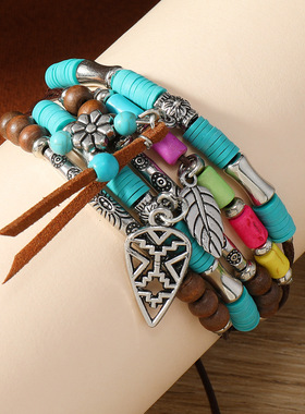 跨境热销新款女士手链手工编织树叶小花帽子牛头手串工厂现货