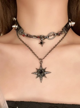 暗黑十字架铆钉皮革项链女choker小众项圈设计感颈链甜酷锁骨链