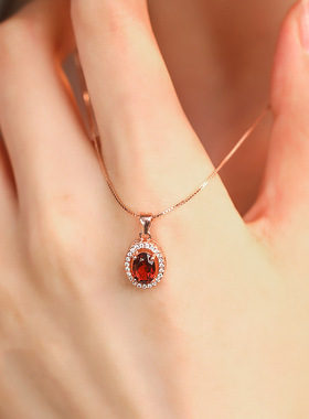 淘宝热销仿天然鸽血红石榴石项链女复古镀玫瑰金色椭圆形吊坠