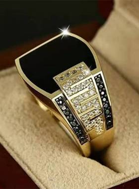 华杰欧美跨境饰品 男士镜面黑色宝石戒指 奢华霸气满钻个性指环