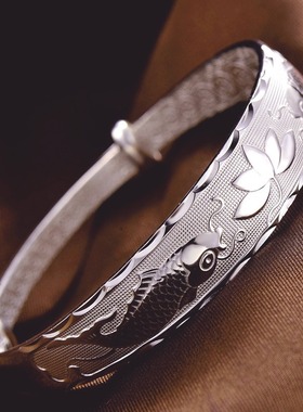 双鱼莲花手环铜电镀925银手镯女 开口 活口c型欧美手环首饰