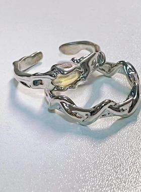 月光石不规则戒指波浪几何指环男女百搭开口可调节对戒轻奢礼物