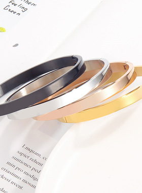 跨境爆款光面卡扣不锈钢手镯 玫瑰金钛钢情侣手环女刻字