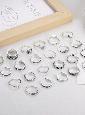 跨境热销戒指 欧美时尚镶钻宽版图案 个性爱心树叶开口23件套装女