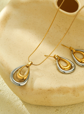 跨境网红爆品时尚百搭钛钢双层拼色水滴吊坠项链耳环套装饰品