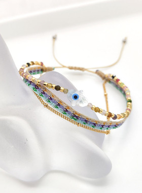 天然碧玺编织串珠幸运恶魔之眼手链女欧美哥伦比亚风织带叠戴手绳