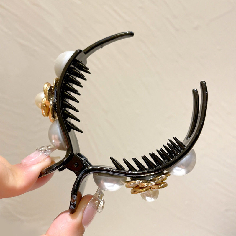 复古抓夹感山茶花珍珠发夹后脑勺夹子气质丸子头盘发头饰,淘宝优惠券,粉丝福利购,淘宝优惠卷