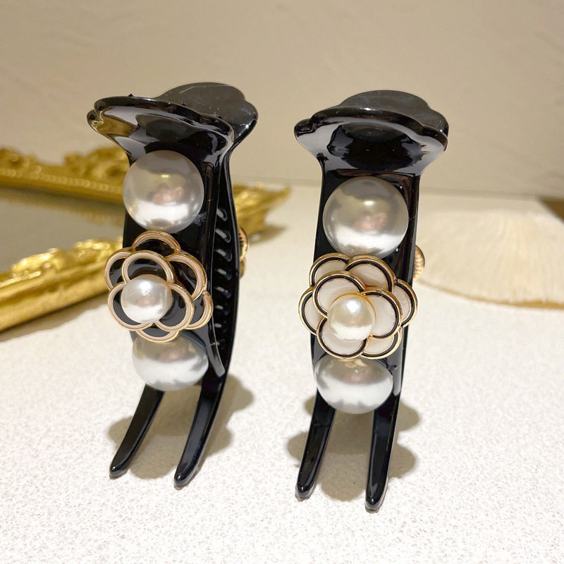 复古抓夹感山茶花珍珠发夹后脑勺夹子气质丸子头盘发头饰,淘宝优惠券,粉丝福利购,淘宝优惠卷