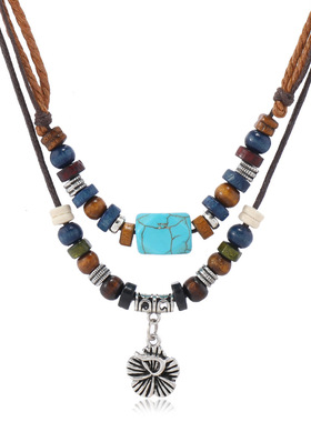 欧美新款复古风合金花朵吊坠绿松石木珠串珠项链女士双层编织项饰