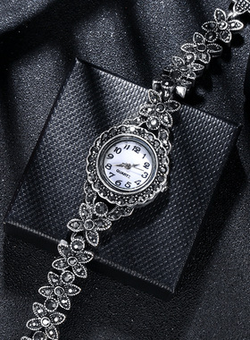 欧美复古风唯美镀银烤漆镶钻艺术花朵女士手表源头工厂现货价