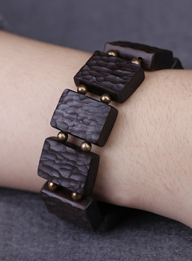 复古小叶紫檀黑檀木手排手串男陨石坑刀痕肌理潮流手链女个性气质