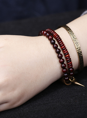 印度小叶紫檀佛珠双圈手链女潮流气质手工陨石坑黄铜手串个性百搭