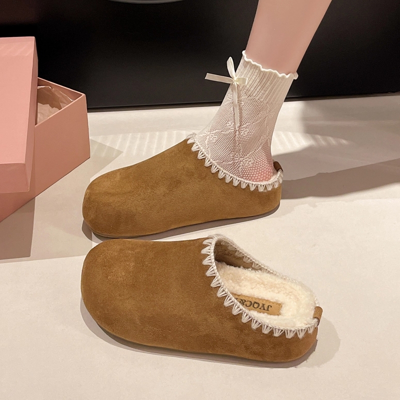 日本GP厚底加绒内增高勃肯鞋女外穿2025秋冬新款花边包头毛毛棉拖 - 图1