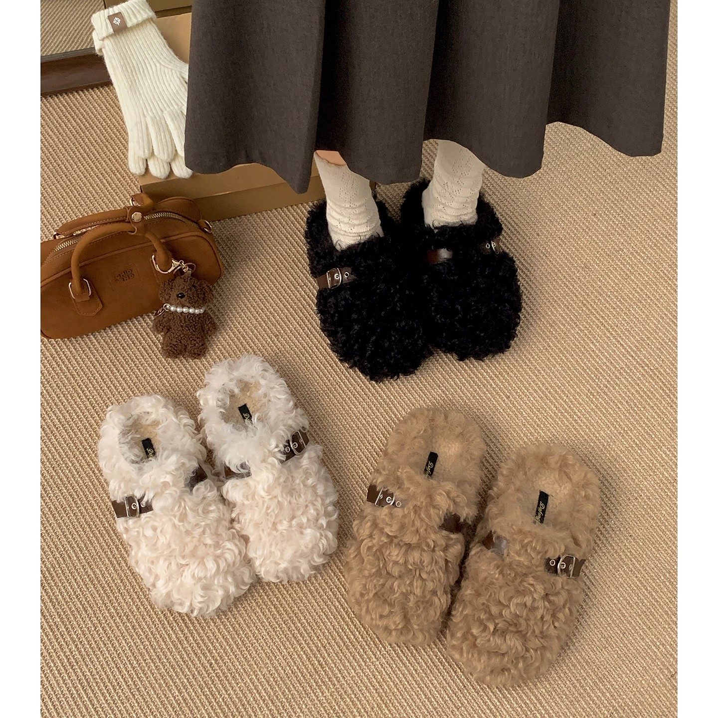 日本GP复古厚底加绒加厚毛毛拖鞋女外穿2025冬新款保暖包头棉拖鞋,淘宝优惠券,粉丝福利购,淘宝优惠卷